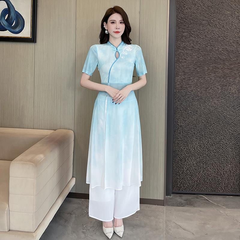 新中式风足浴技师工作服女修身立领短袖刺绣高端美容院工作服套装