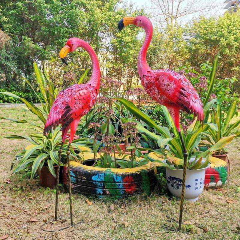 花园草坪庭院创意金属户外工艺品火烈鸟造型太阳能灯铁艺动物摆件