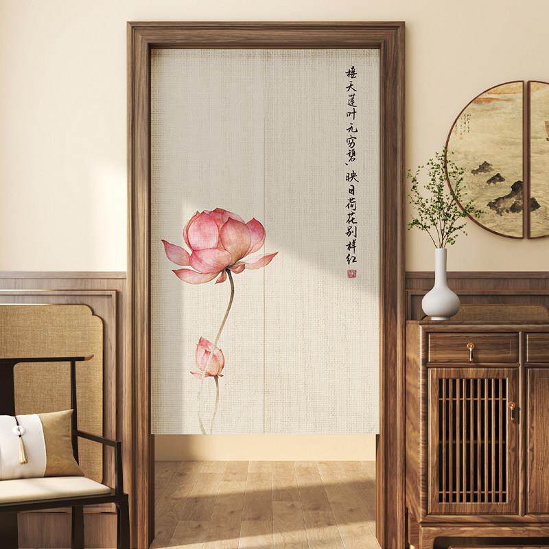中式荷花新款门帘半帘免打孔卧室房间家用隔断帘卫生间玄关遮挡帘