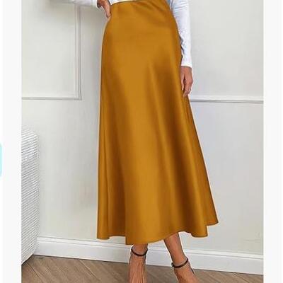 Women'S Midi Satin Skirt Dressy Casual High Waisted A Line