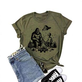 Women Sasquatch Gorilla Print Round Neck Tee Casual Sleeve