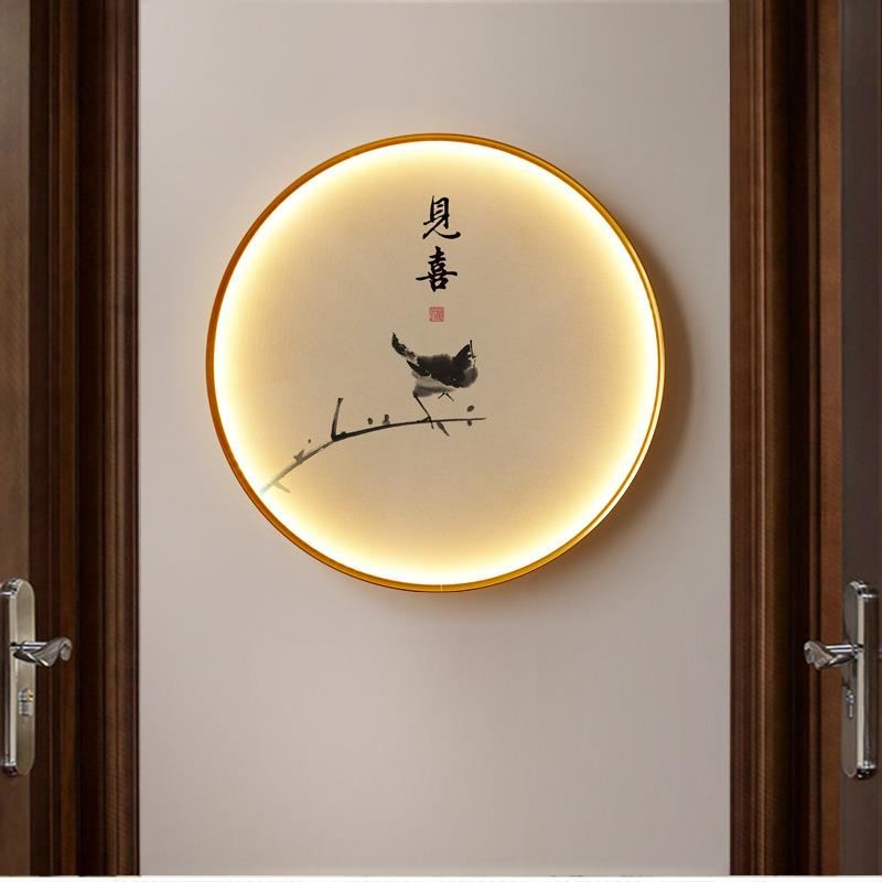 中式圆形挂画入户玄关墙画寓意好见喜带灯发光LED装饰画