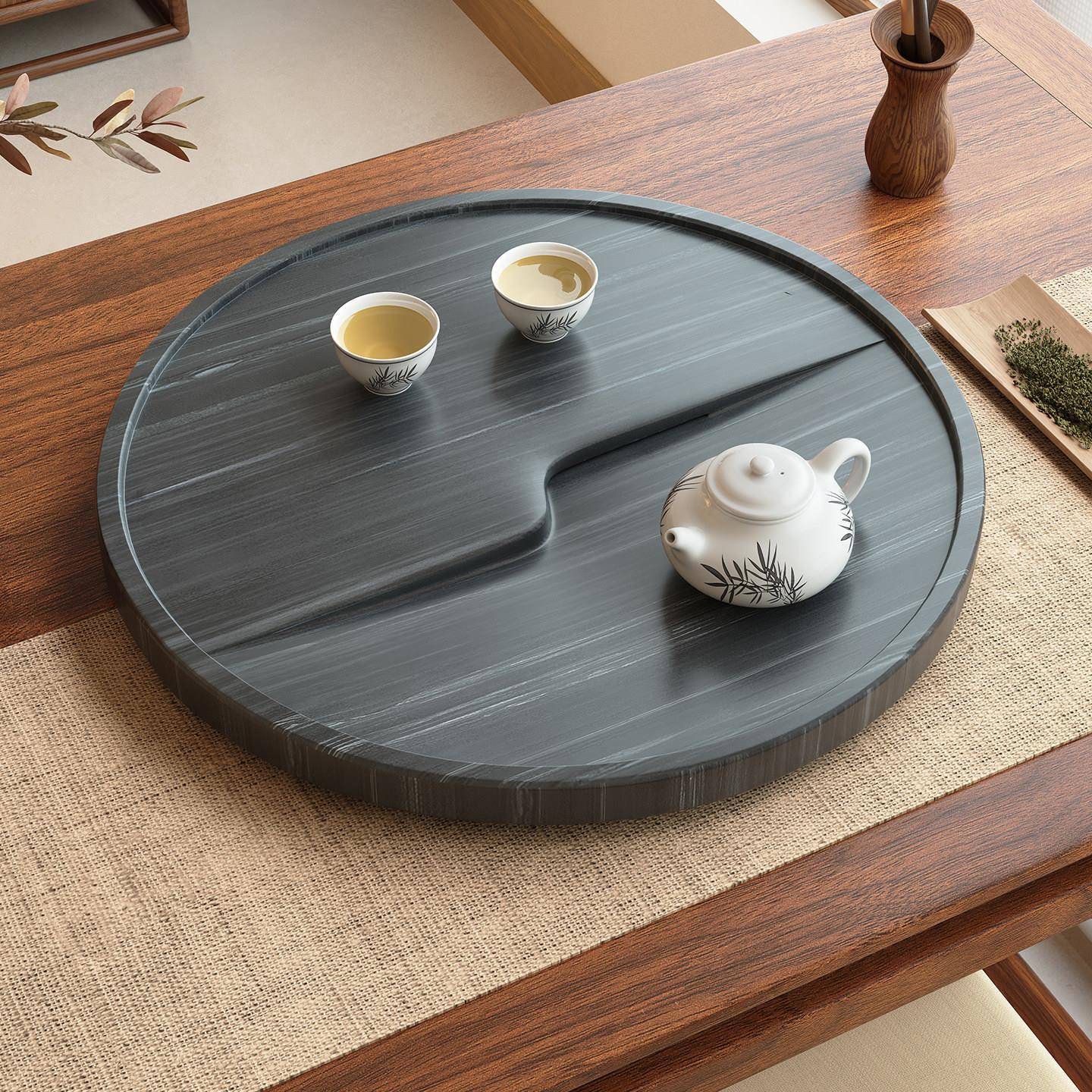 圆形茶盘家用排水式干泡简约新款小型圆盘茶台办公室功夫茶具茶海
