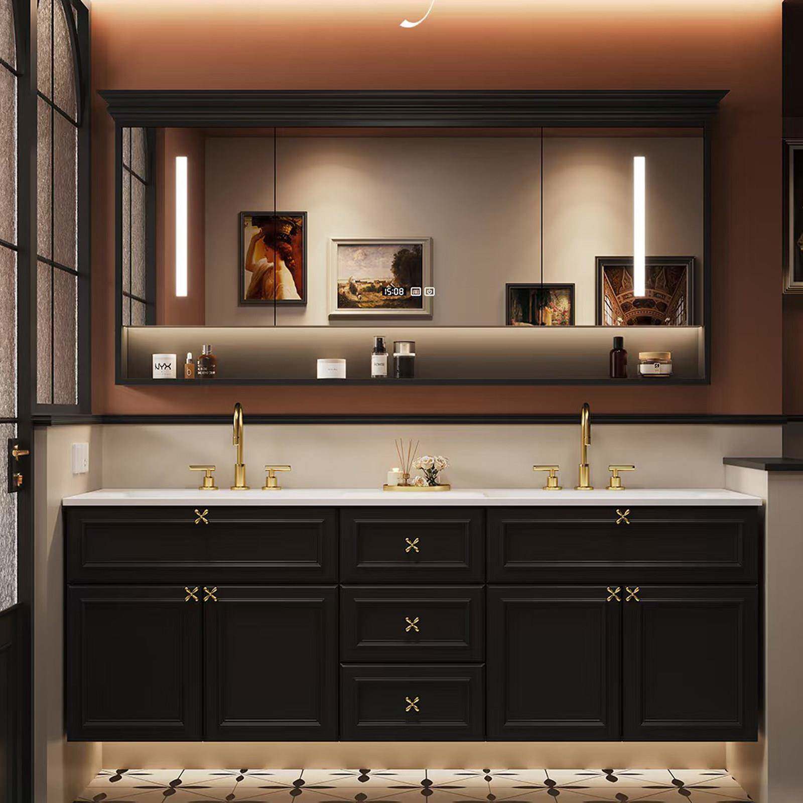 法式浴室柜橡木岩板无缝一体盆卫生间洗漱台洗脸洗手台双盆柜组合