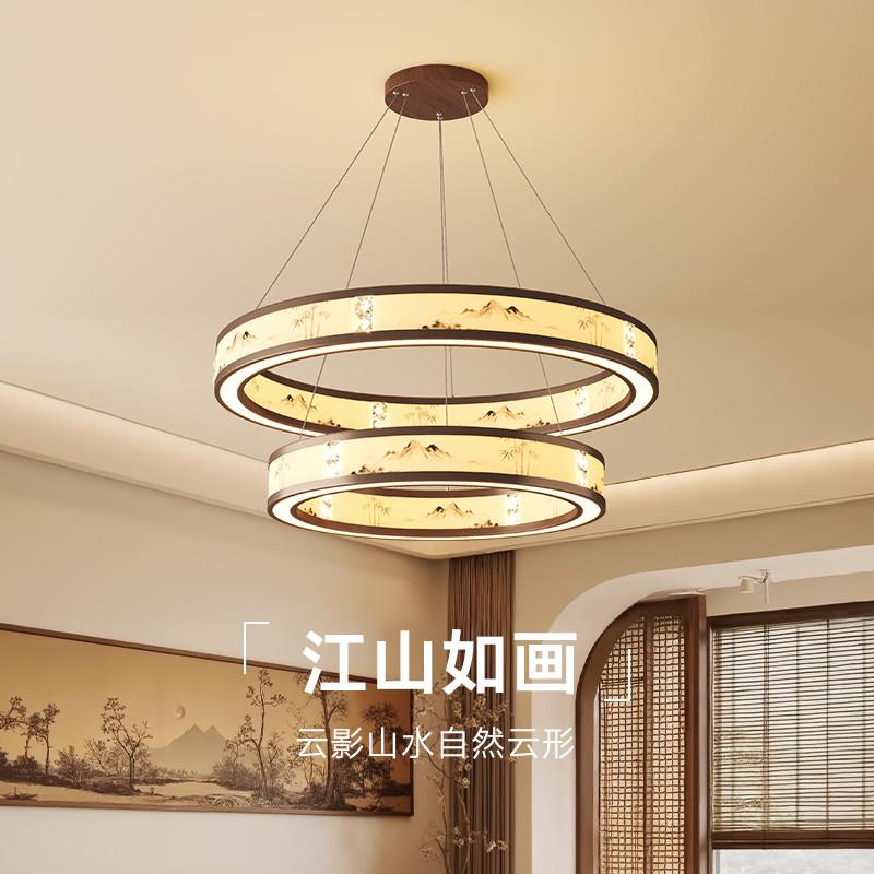 宋代美学新款客厅吊灯LED轻奢圆形江山如画水晶现代简约鱼线灯具