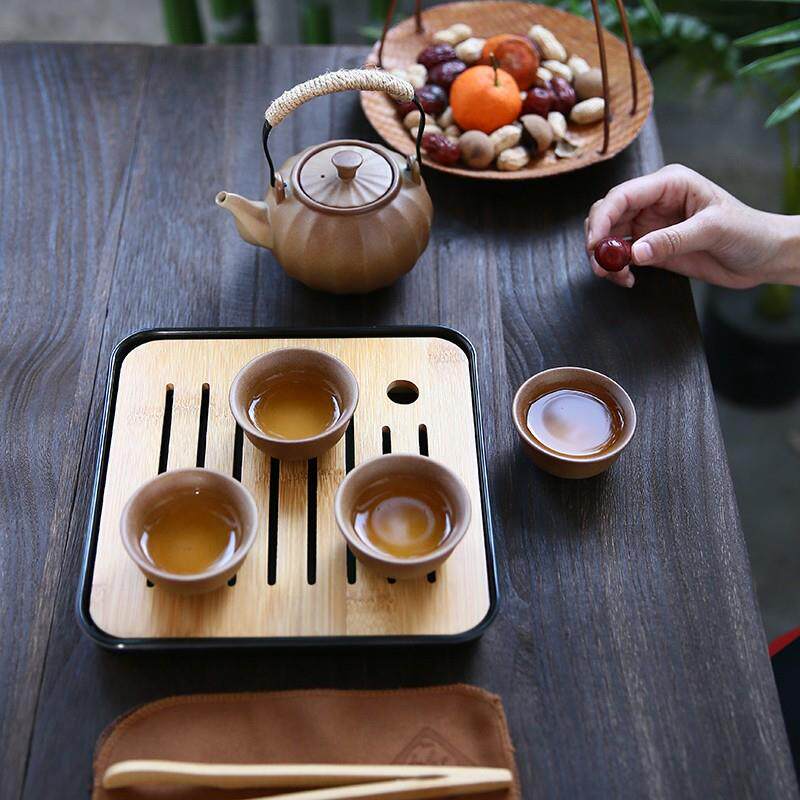 旅行茶具套装便携式粗陶复古一壶四杯收纳包户外露营泡茶壶带茶盘