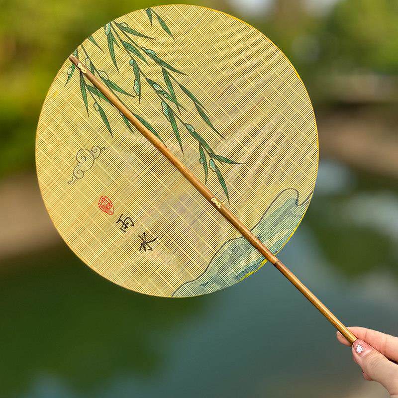 竹编圆形扇子 竹青编麈尾团扇芭蕉扇 夏日纳凉文人古风舞蹈扇绘画