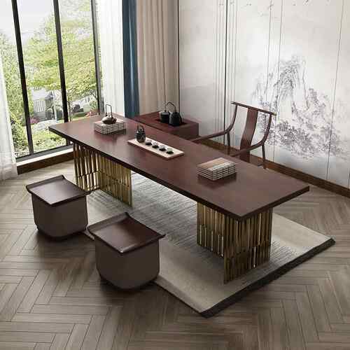 家用客厅禅意泡茶台桌 办公室待客喝茶长条大板桌实木茶桌椅组合