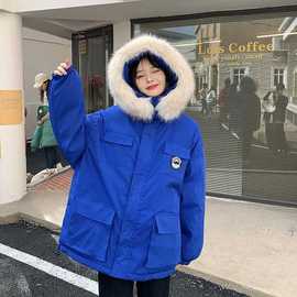 克莱因蓝工装棉衣棉服女2022冬大毛领设计感派克服羽绒服外套