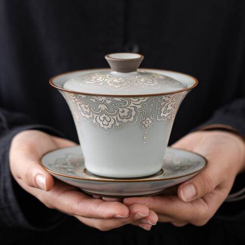 开片汝窑如意掐丝银悬停高档三才盖碗家用功夫泡茶器防烫手敬茶碗