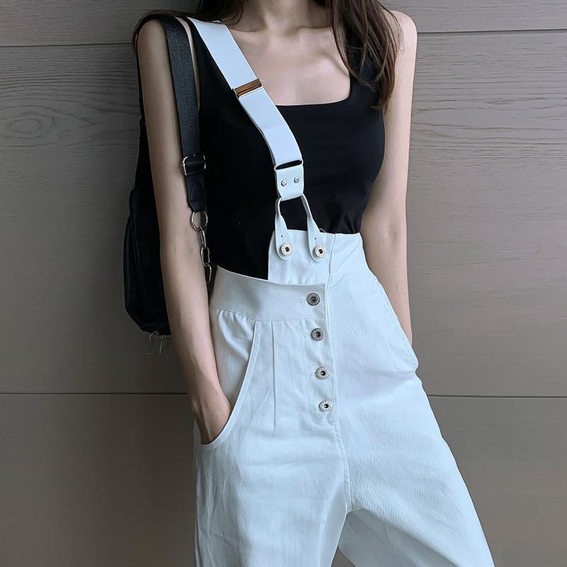 白色单肩牛仔背带裤女2026春夏新款韩版高腰宽松显瘦直筒阔腿裤子