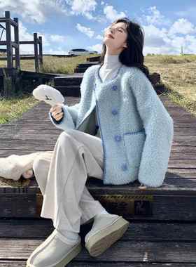 蓝色小香风羊羔毛绒外套女新款洋气减仿皮龄毛一C161-895短体款冬