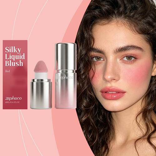 Zephoco Red Silky Liquid Blush, finely textured and skin-adh