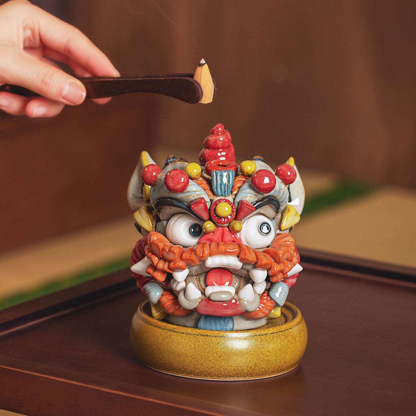 景禧造广东国潮醒狮摆件手工陶瓷茶宠茶桌摆件倒流香香炉开 业礼