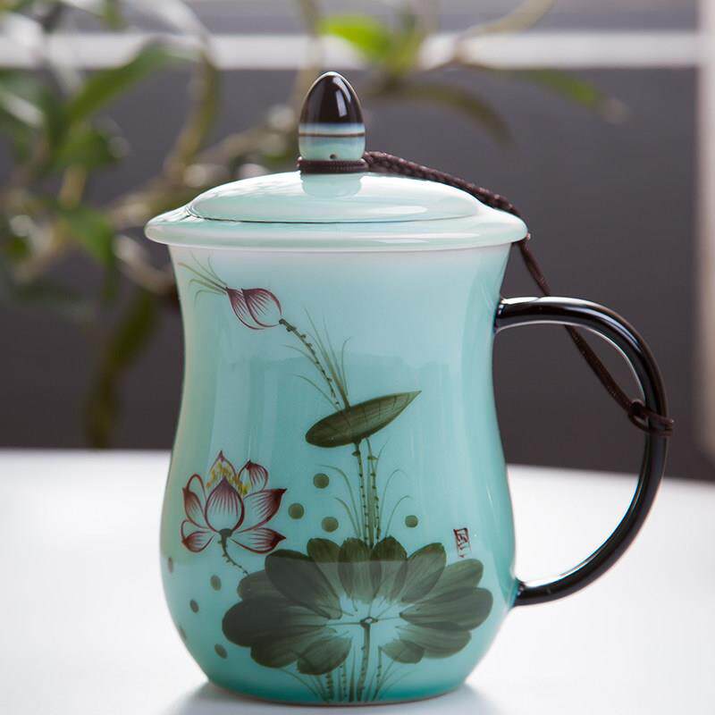 景德镇陶瓷茶杯水杯带盖子手绘荷花茶杯影青釉釉下彩个性水杯