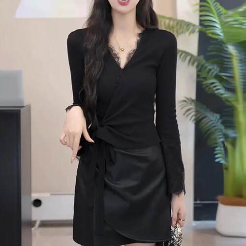 极速法式高级感长袖V领蕾丝衫上衣秋季大码胖MM显瘦修身内搭打底T