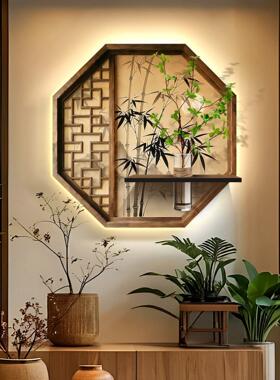 宋代美学茶室氛围布置挂画玄关走道背景墙壁灯画茶楼带绿植装饰画