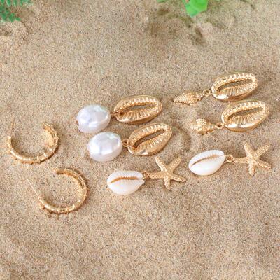 Bohemian shell starfish stud earrings jewelry女士4对休闲耳环