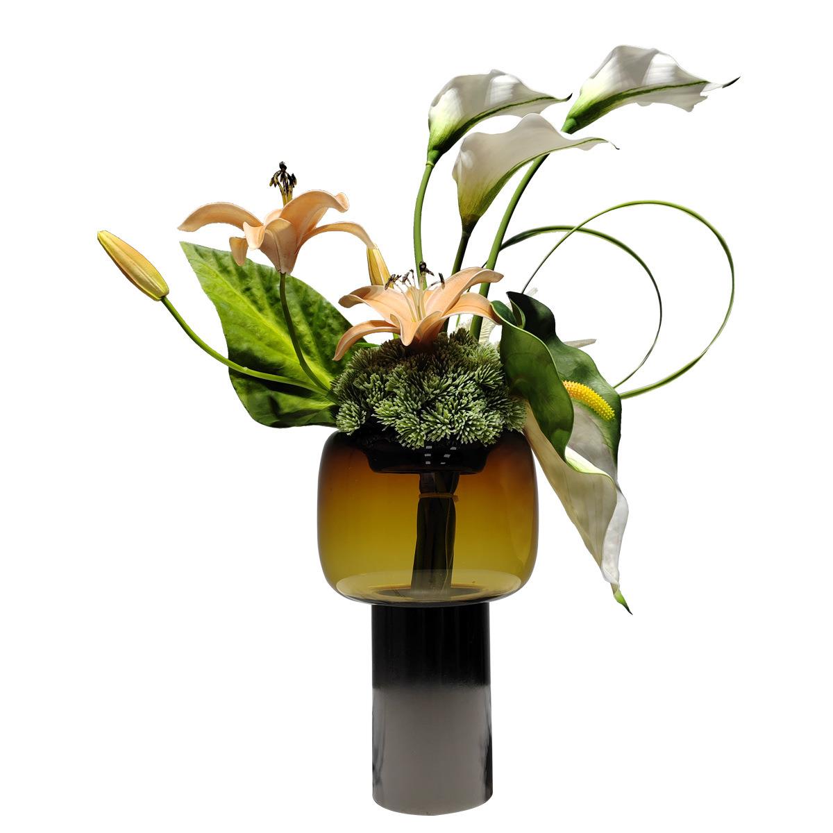 轻奢棕绿色系花艺玻璃花瓶插花客厅餐桌茶几仿真花艺家居装饰摆花