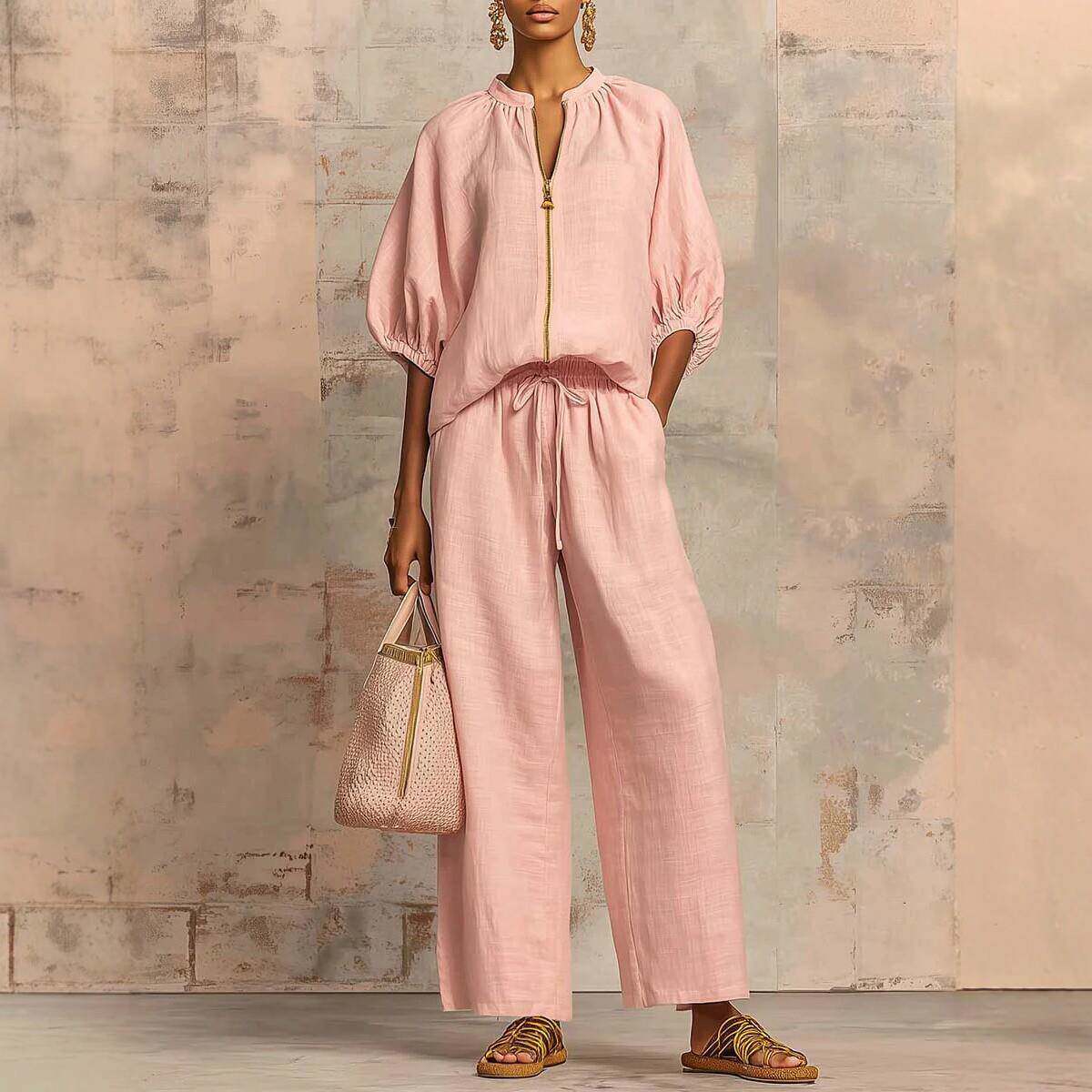 womens summer 2piece quarter zip pullover wide leg pants set