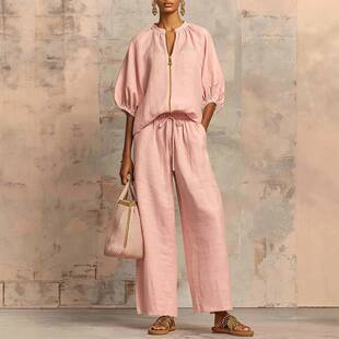 womens summer 2piece quarter zip pullover wide leg pants set