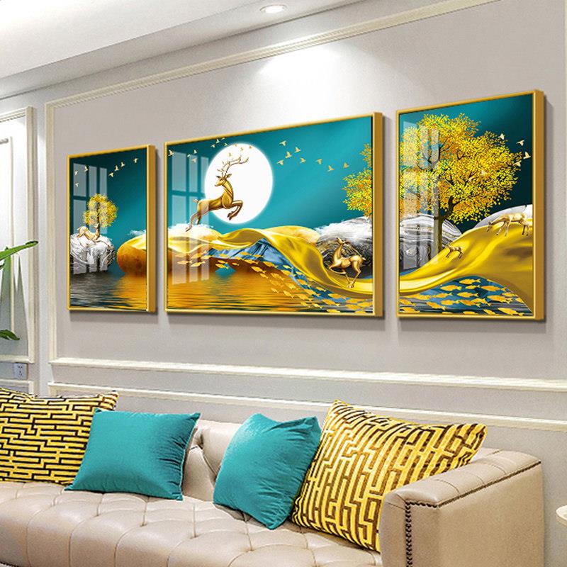 现代轻奢客厅装饰画北欧沙发背景墙三联画挂画镶钻晶瓷画墙画壁画
