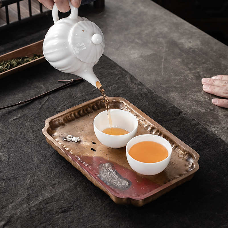 岸壶承蓄水台长大手工茶道鎏方形金鱼配件泡台干银托盘紫铜茶堂