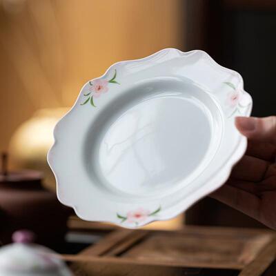 明泉茶斋陶瓷手绘桃花壶承盖碗底托家用果盘小型茶台茶承养壶盘