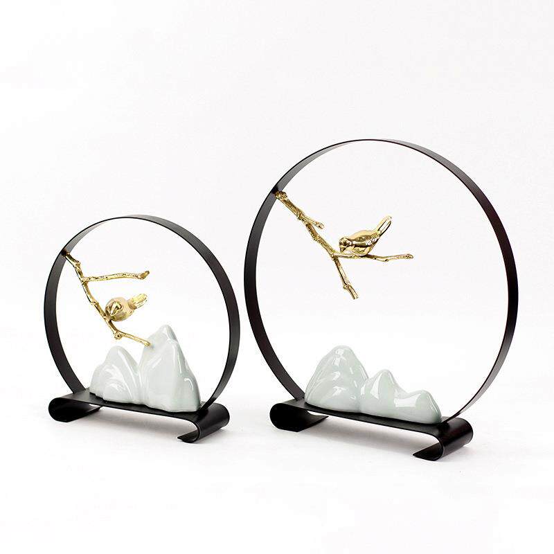 创意新中式陶瓷假山小鸟摆件客厅酒架玄关桌电视柜山水家居工艺品