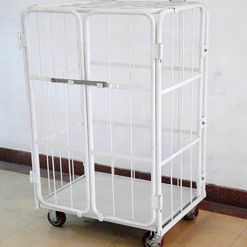 四门物流台车网格围栏金属底板可加配中隔板L型折叠双门周转笼车