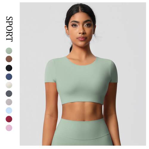 Tight yoga short sleeved brushed sports top with chest