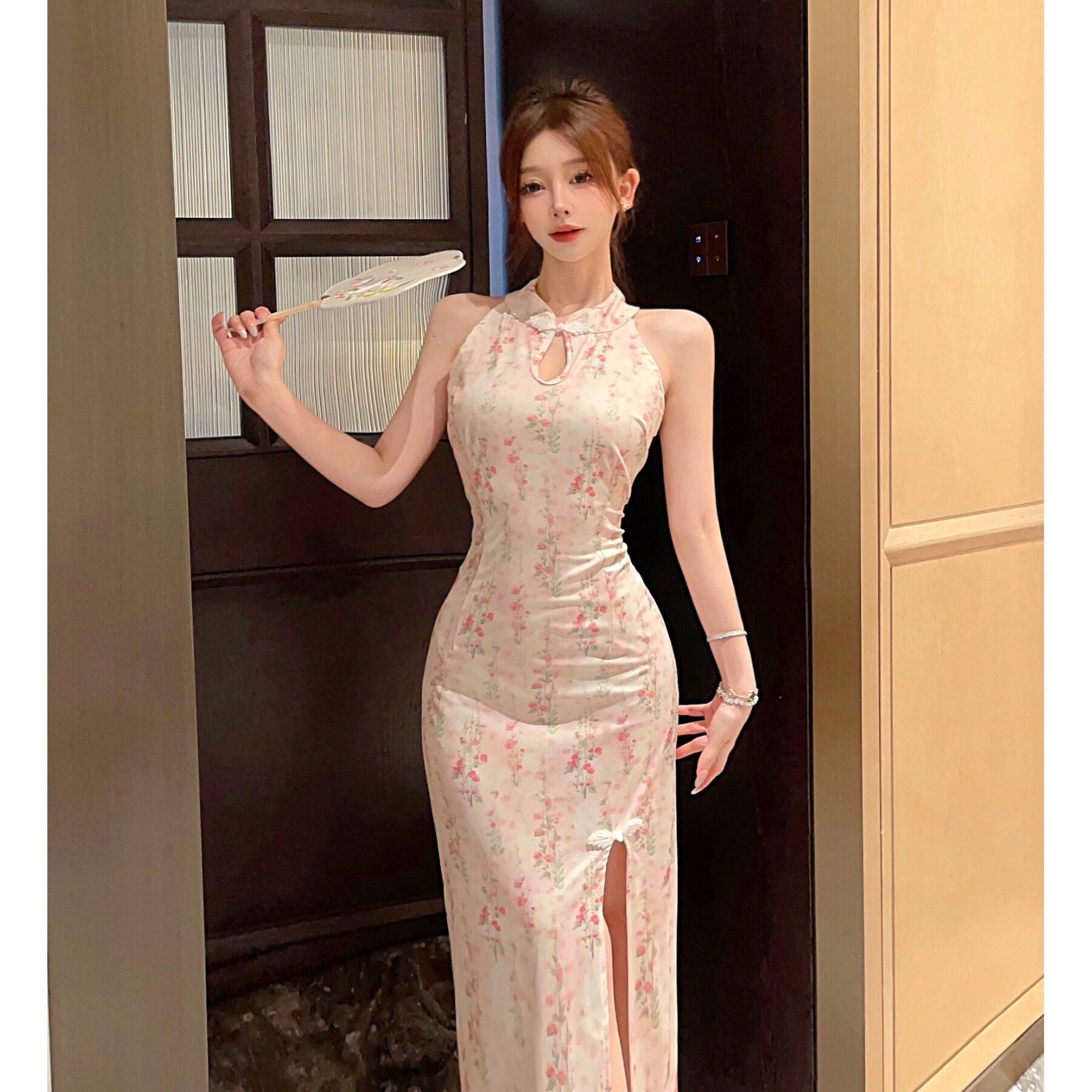 夏季直播衣服女主播改良年轻款旗袍新中式印花覆古气质无袖洋装