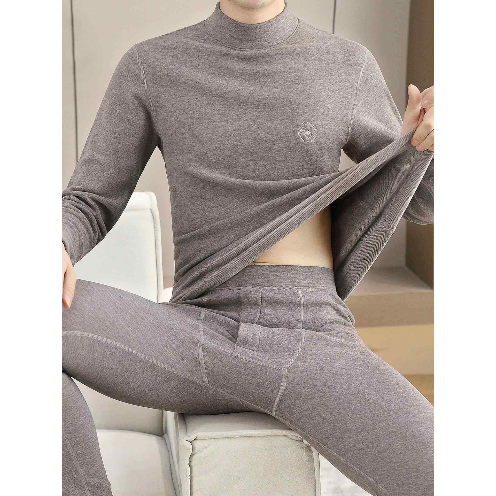 MAROLIO~高端德绒保暖内衣男中领加厚加绒防寒半高领秋衣秋裤套装