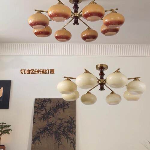 中古风柿子客厅吸顶灯新款复古法式奶油风卧室餐厅书房玻璃灯具