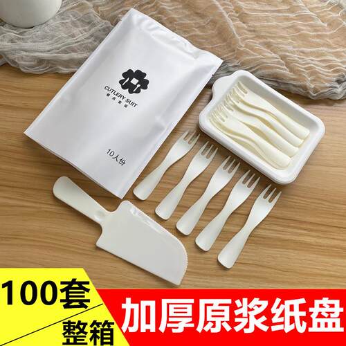 一次性生日蛋糕刀叉餐具四合一组合长方形加厚纸盘子带蜡烛100套