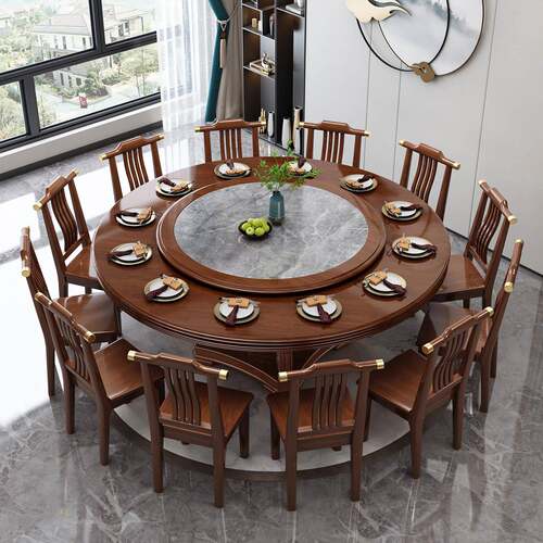 餐桌旋转圆盘新中式家用实木餐桌10人饭桌酒店2米大圆桌吃饭桌子