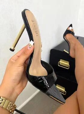 Fashion Women Slippers Stiletto Snake Print High Heels Slipp