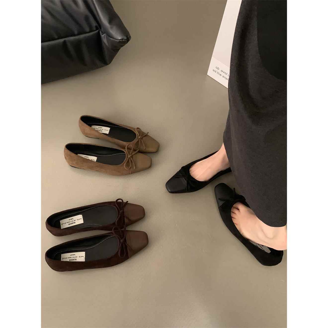 潮牌覆古温柔蝴蝶结平底瓢鞋奶奶鞋春夏法式软底单鞋女鞋黑色鞋子