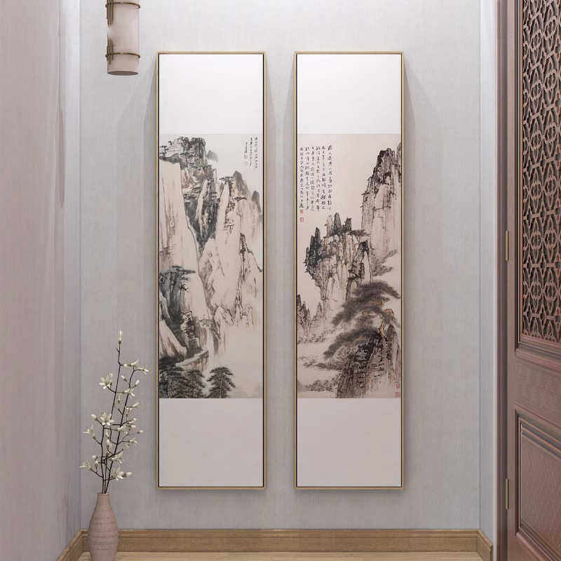 新中式茶室客厅三联装饰画迎客松挂画竖版入户玄关水墨山水墙壁画