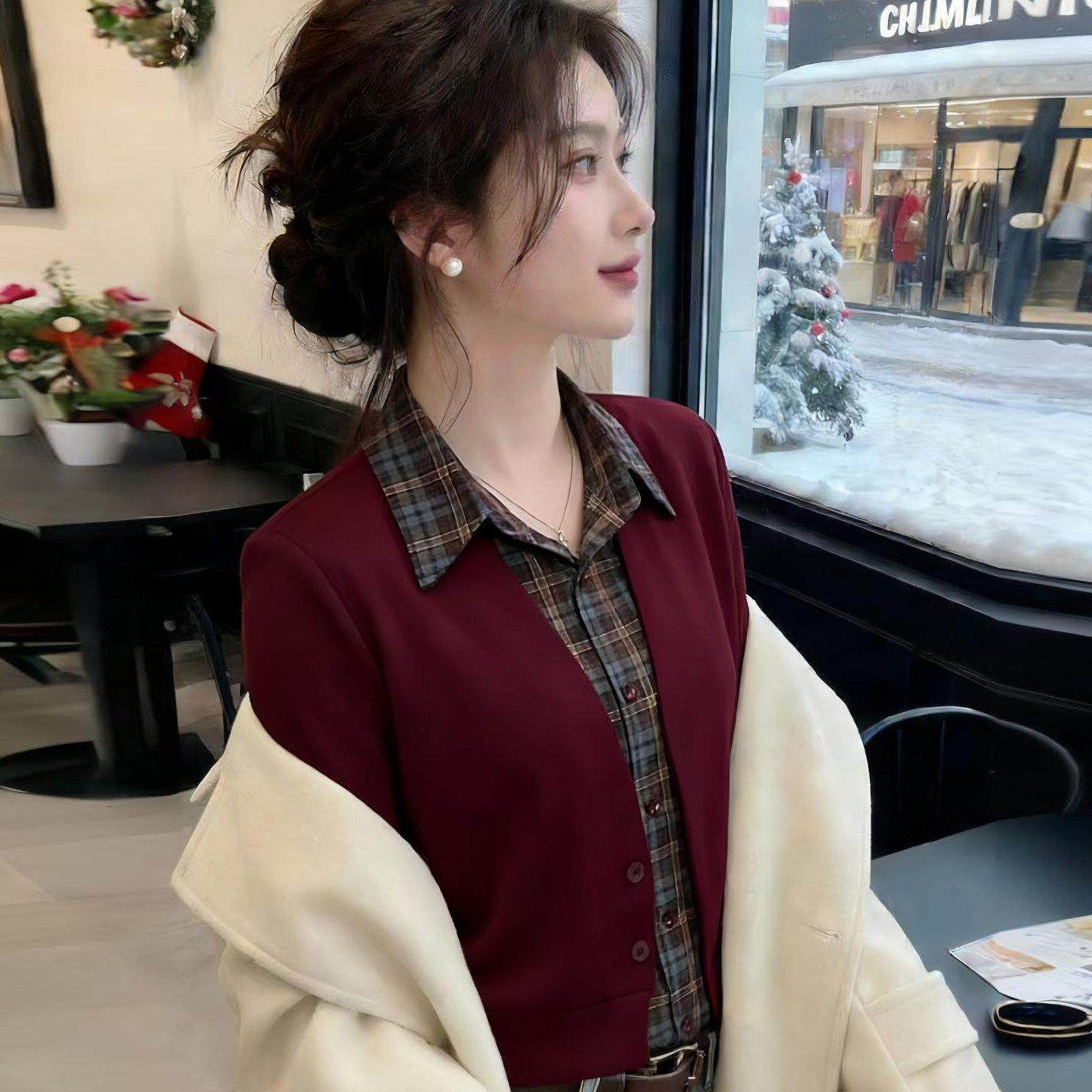 韩系假两件格纹拼接衬衫女士早春新款宽松遮肉显瘦妈妈装长袖上衣