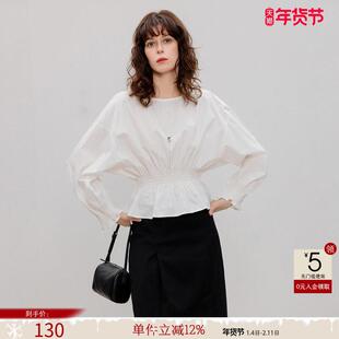 德玛纳秋季新款全棉收腰白衬衫法式圆领泡泡袖女显瘦上衣减龄衬衣