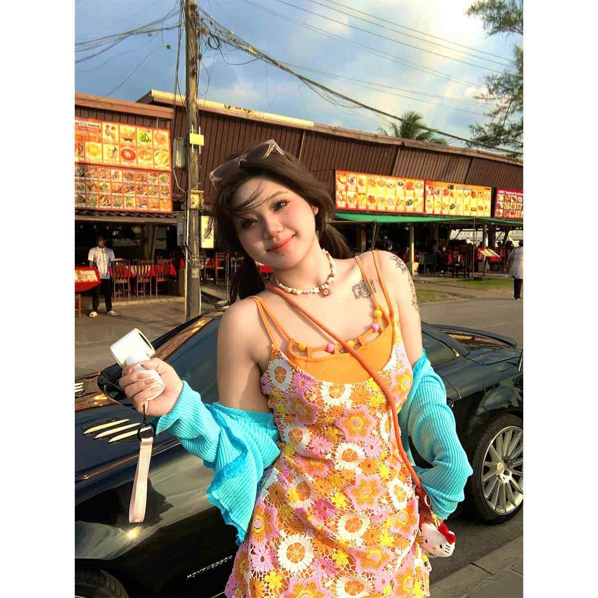 安妮不火元气镂空小雏菊吊带裙女2025春夏新款微胖大码可爱碎花裙