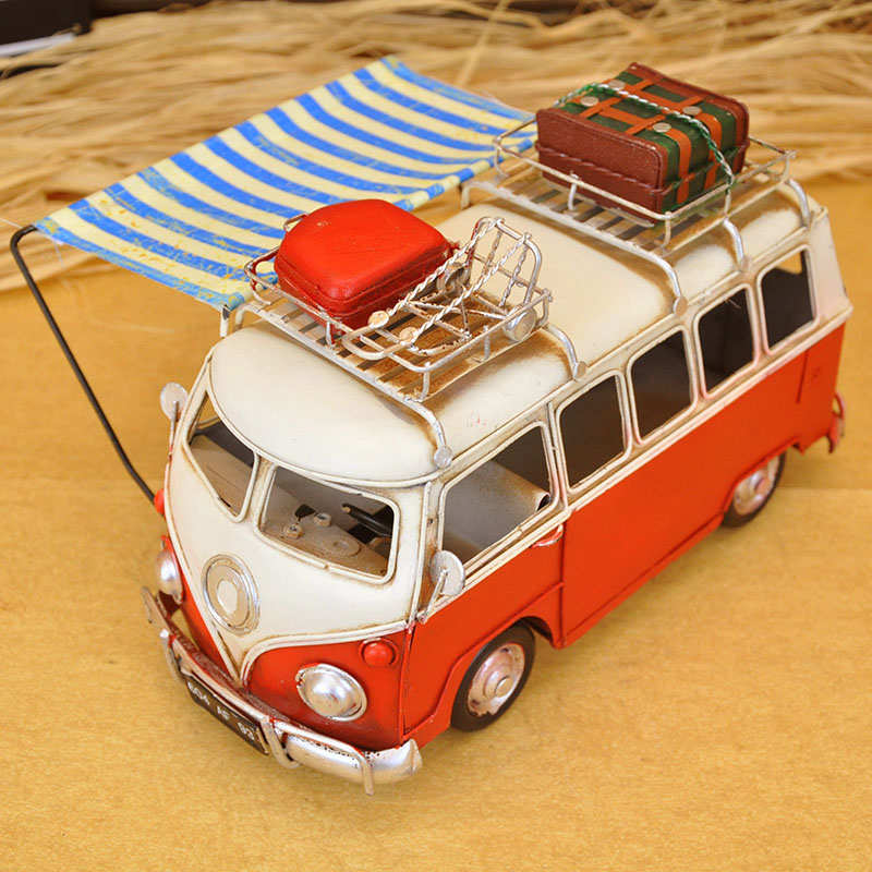 工业风装饰摆件房车微缩模型仿高档古汽车面包车铁艺做旧露营车模