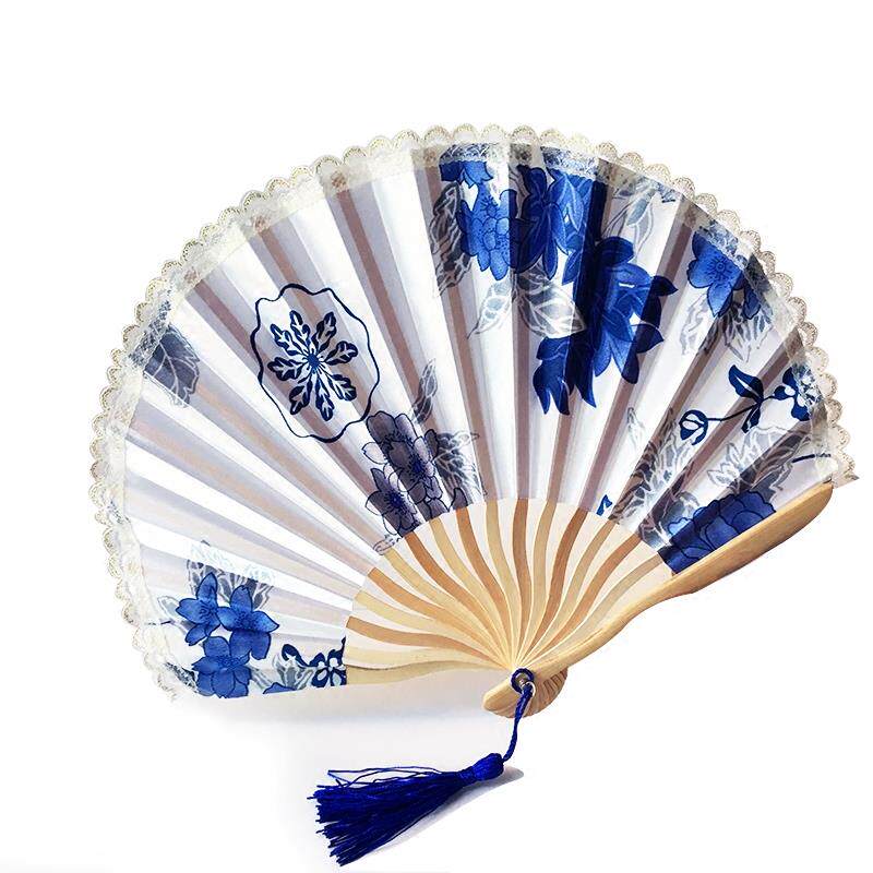 青花瓷女扇 日本折扇和扇竹柄扇子贝壳扇大刀扇礼品扇单层蕾丝扇