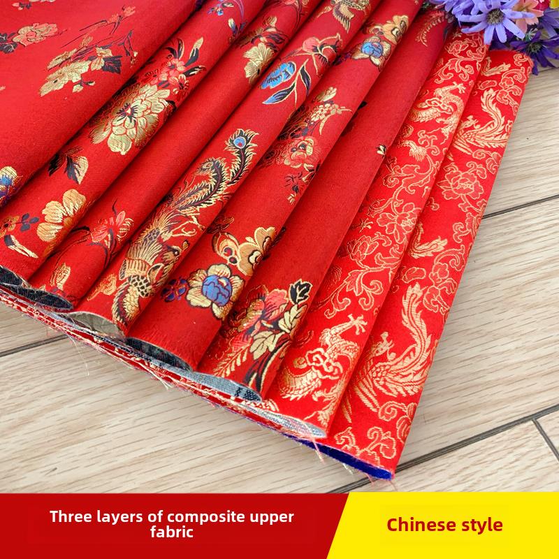 手工做鞋子材料结婚龙凤绸缎复合鞋面布料鱼嘴包头拖鞋刺绣鞋面布