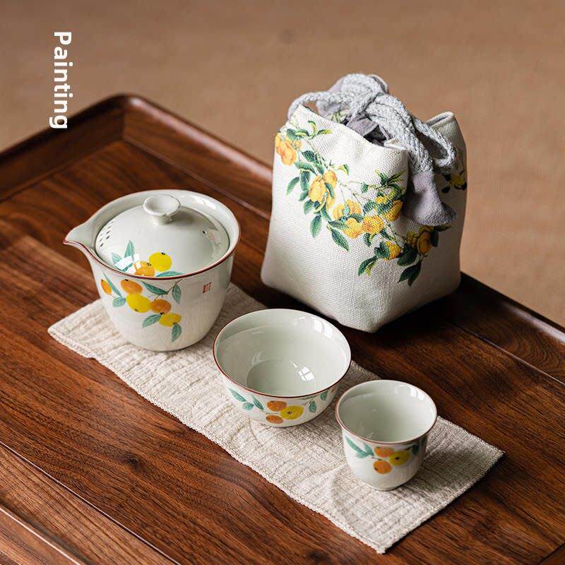 绘画更新草灰手绘枇杷快杯一壶两杯功夫旅行茶具便携化妆品包旅行