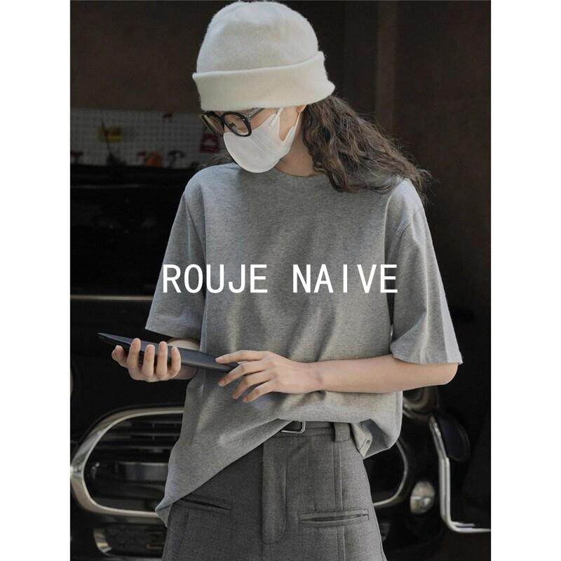 ROUJE NAIVE夏季新款简约圆领短袖T恤女韩系显瘦纯棉百搭灰色上衣