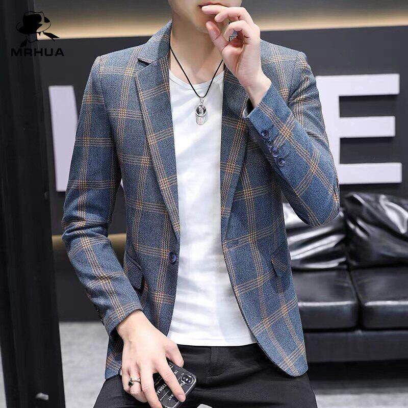 高端男士秋季休闲西装外套韩版修身潮流格子西服英伦百搭单西上衣
