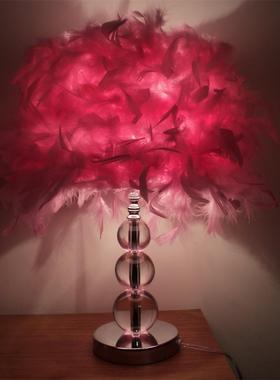 高档毛粉色白色紫色羽台灯结婚书房床头女代欧式创意浪现漫卧室温