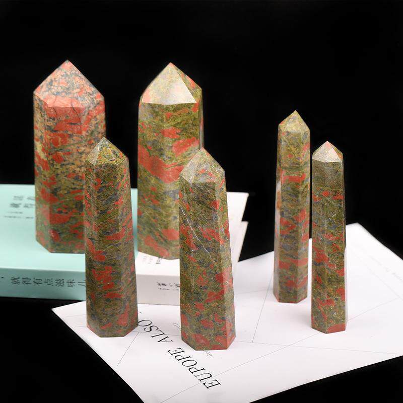 天然花绿石超大尺寸16*5水晶柱居家办公装饰 首饰消磁能量六棱柱